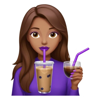 girl with long brown hair and wine lipstick drinking a blueberry butter pecan iced coffee with a purple straw  sticker