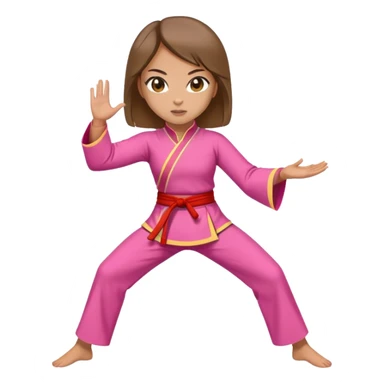 A light skinned woman with brown waist length hair and hazel eyes doing kung fu in a pink outfit sticker