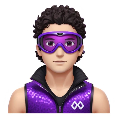 close-up of male athlete with white skin and moderately curly dark brown hair on top with shaved sides, wearing ski goggles with purple frames and very dark black lenses, a simple plain black chain necklace, and a completely unzipped sleeveless vest with purple and black sequin fire pattern design with no logo, frame centered on face and upper chest sticker