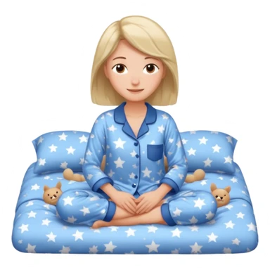 {
      "type": "human",
      "look": "woman in star-print pyjamas, soft blue set, sleepy smile",
      "description": "a woman in soft blue star-print pyjamas smiling sleepily"
    } sticker