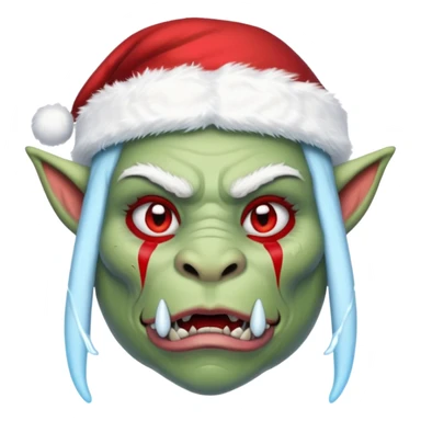 Fantasy orc emoji portrait, Santa Claus hat stretched around tusks, tusks covered with ice and crimson frost cracks, cold predator expression, winter hunt atmosphere, minimal clean emoji design, female variant
 sticker