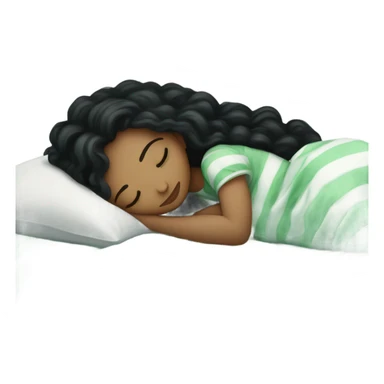 white girl with long curly black hair sleeping in a bed with faded green striped comforters sticker