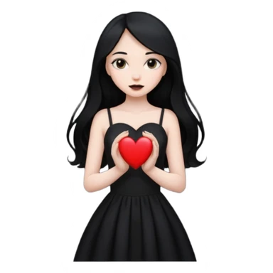 Pale girl with long black hair and black dress with holding black heart sticker