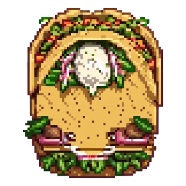 pixel art of a hard shell taco with the opening facing forward, pink shell, filled with lettuce, shredded yellow cheese, sliced jalapenos, brown ground beef, and a dab of sour cream sticker