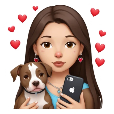 Young girl with long dark brown layered hair hair sits with her one dog who is a pretty girl pitbull with her cell phone in her hand in a small septum ring in her nose was hearts flying all around her sticker