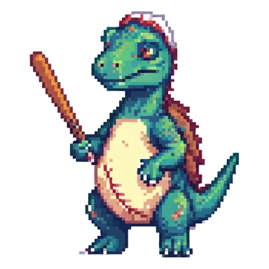 dinosaur with a baseball bat over its shoulder, pixel art style sticker