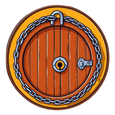 A rusty chain wrapped tightly around a round wooden hobbit-style door with a large padlock sticker
