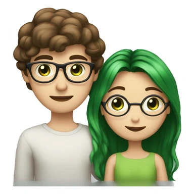 A heavy set boy with brown hair blue eyes and a mustache is kissing a green haired girl who is thin with green eyes and wearing glasses sticker