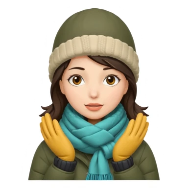 Brunette woman bundled up with parka, hat, scarf, and glvoes. The scarf covers her face  sticker
