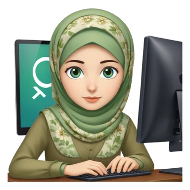 Turkish beautiful finish Konya girl blue eyes and green khaki hijab and light green floral dress and she work on office with computer sticker