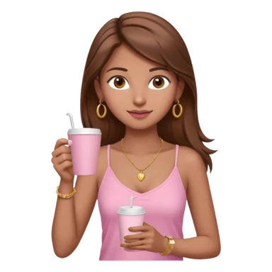 a pretty fair indian bratz girl with brown hair. with a pink cami top, drinking takeaway brown coffee, golden dainty necklace and carrying a white macbook sticker