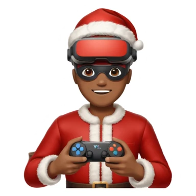 Homme photographe noir, week-end détente, équipé d’un appareil photo pro. Dans un décor Noël chaleureux, Père Noël à côté, sapin illuminé, lumières douces. L’homme porte un casque VR autour du cou ou sur la tête, et une manette PS 2025 dans la main libre. Ambiance festive, réaliste, couleurs nettes sticker