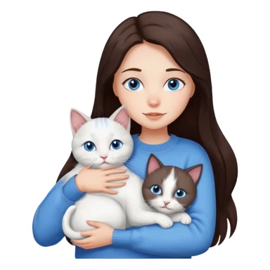 a girl with long dark 
brown hair, with blue eyes, in a
white sweater, hugs 3 different natural coloured cats sticker