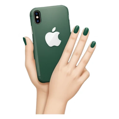 female hand with nude manicure (5 fingers) holding a white iPhone in a dark green case, minimalism, clean background, emoji style sticker