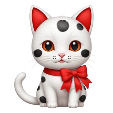 white cat with little black spots and a bright red bow, minimal and adorable sticker