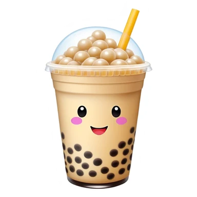 Taiwan bubble milk tea with giant tapioca pearls and wide straw, simplified emoji style with bold outlines and bright colors, cartoon style boba drink sticker