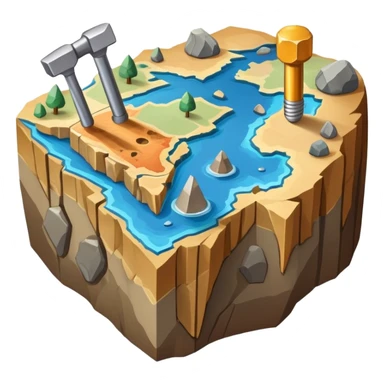 An icon featuring a rock hammer, a geological map, and layers of Earth’s crust, symbolizing geology. The design includes mineral samples, fossils, and tectonic plates, representing the study of Earth’s structure and natural processes. Transparent background highlights geological exploration sticker