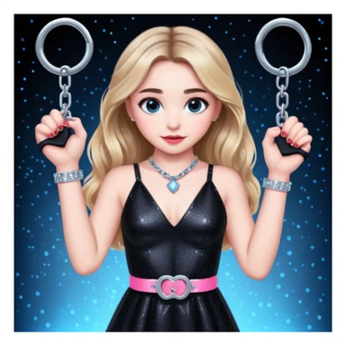 Sabrina carpenter at concert wearing a black sparkly dress with a silver sparkle v neck. she is holding up pink handcuffs. facing audience, blue and red lights setting  sticker