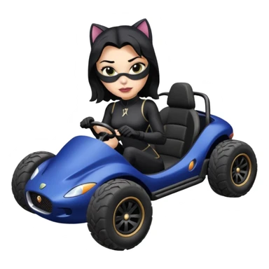 full size real-appearance road glowing racing sexy buxom CatWoman’s feminine midnight-colored tight outfit sixty’s tv show dark stealthy accurate sporty safe plush deluxe off-road pursuit drifting car jaguar (black hair,reclined and relaxed torso and shoulders back against seat) cross kart  sticker