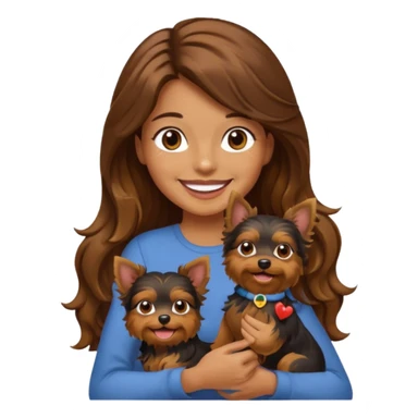 a woman with long wavy brown hair holding a Yorkshire Terrier, emoji style sticker