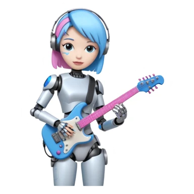 a cyper robot carry her note and electric guitar and try to change the world with pink and bluecolor sticker