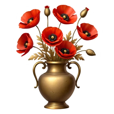 Vibrant red poppies in a weathered brass vase, their petals softly illuminated by golden light. A few dried brown leaves and delicate gold accents enhance the nostalgic feel. sticker