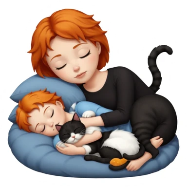 Ginger Girl short hair sleeping with two cats a black and a white bigger cat  sticker