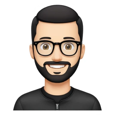 Fair-skinned man with almost buzz cut black hair (extremely short but not completely shaved), short salt and pepper beard, large black-framed glasses, smiling, wearing black long sleeve zip shirt at neck sticker