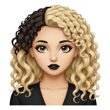split dye leftside blonde rightside black-brunette, baddie, pretty makeup, black eyeliner, long and curly hair sticker