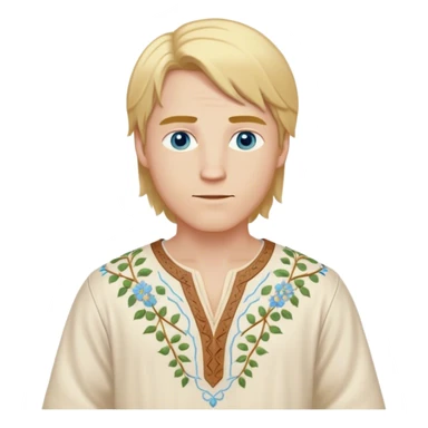 Medieval spring outfit worn by a DnD themed fantasy male character. Cream-colored cotton tunic with delicate vine patterns embroidered at the hem, V-shaped neckline with leather lacing. Clothes only above the waist, full waist coverage. The character has no arms. Character is white-skinned with golden blonde hair, sky blue eyes, and straight shoulder-length hair. sticker