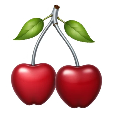 A pair of cherries emoji made of polished silver chrome, smooth rounded shapes, glossy metallic finish, soft highlights and reflections, cute proportions, iOS emoji style, centered, clean white background, no text sticker