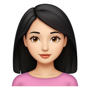 Feminine woman Softly rounded, healthy face — slightly curvy and feminine, not overweight.
Warm tan skin, brown eyes with long lashes, full glossy lips, gentle smile.
Shoulder-length black hair framing the face.
Clean, polished emoji look, soft shading, neutral background. sticker