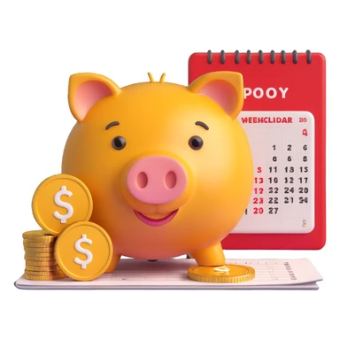 3D gold coin with a piggy bank and a weekly calendar overlay, representing weekly saving, Microsoft 3D emoji style sticker