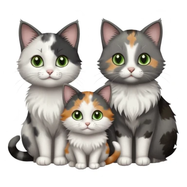 3 different coloured small cats including a dark grey and white, and a patchy calico with hazel eyes and a completely solid dark grey with green eyes and only white paws sticker