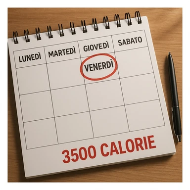 A hyperrealistic weekly calendar viewed from above in Italian, showing days from Monday to Sunday. Friday is circled in red. Below Sunday, the text '3500 calorie' is in red and bold. The image has 4K details and a desk atmosphere. sticker