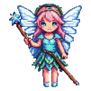 pixel art fairy with wings, holding a magic wand sticker
