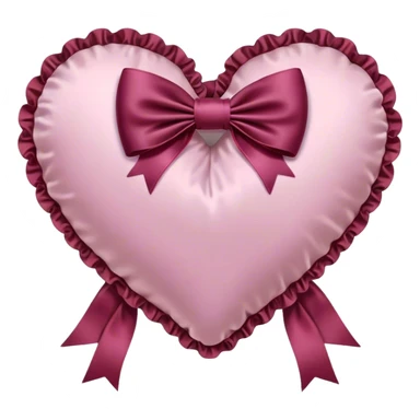 Burgundy heart shaped pillow with ruffles and pink bow sticker