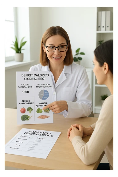 a nutritionist sits at a desk with a client, showing a personalized meal plan and a chart that clearly displays the client’s specific daily caloric deficit. The nutritionist points to the chart, which includes recommended calories, macronutrient breakdown, and healthy food options. The mood is professional, supportive, and educational. scritte in italiano sticker
