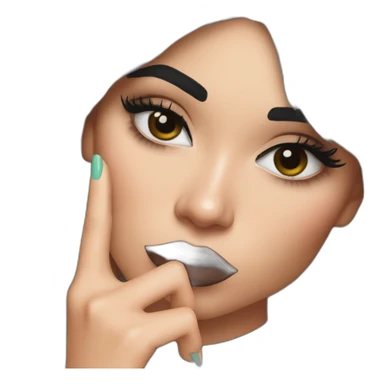 Kylie Jenner wondering and holding her finger on her lips sticker