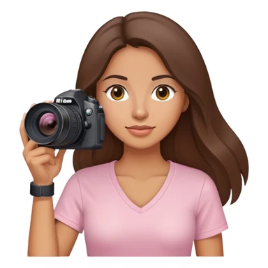 latin woman with long brunette hair light pink v neck shirt and nikon camera sticker