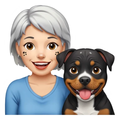 Pitt bull rottweiler white muzzle with black spots tongue out next to middle aged woman with short silver hair sticker