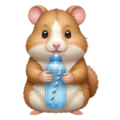 Cute cartoon-style hamster hugging an oversized water bottle, sipping with tiny straw, happy expression. Painterly shading, expressive eyes, white background, sticker-style illustration sticker