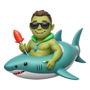 orc male sitting in an inflatable floatie shaped like a shark, wearing oversized sunglasses and a whistle on a neck cord, 2d sticker