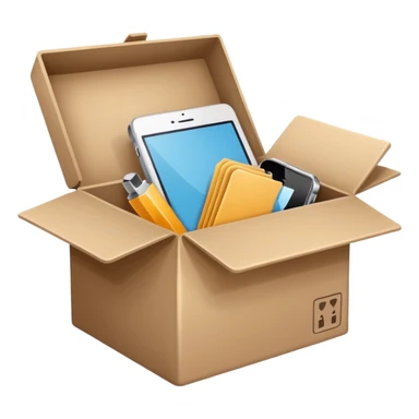 Minimalistic flat vector icon, iOS style, thin black contour on white background. Open box with old items being cleared out. Clean, modern, no text, no shadows sticker