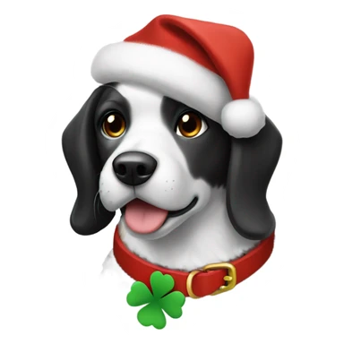 black and white dog wearing a santa hat and a collar with clovers on it sticker