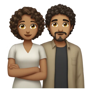 Hispanic girl with fair skin, hazel eyes and dark wavy hair side hugging Arab boy with medium curly hair and a small mustache and goatee sticker