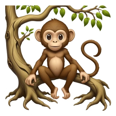 A mythical being standing on human feet with gnarly tree roots for legs and a playful monkey face sticker
