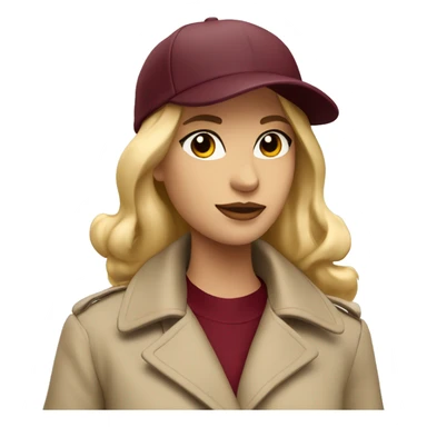 Blonde girl wearing beige trench coat and burgundy baseball cap written Paris on it  sticker