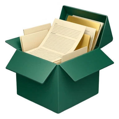 3D minimal open box with papers and documents floating out, matte finish, deep green (#0B3D2C) box, cream (#F5F5DC) papers, gold (#C9B037) subtle glow, Apple style, clean and premium, soft shadow, transparent background sticker