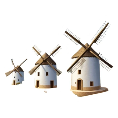 ​Cinematic Realistic Spanish Windmills (Mota del Cuervo), depicted as a cluster of gracefully aged windmills with weathered whitewashed facades and rustic wooden sails, standing proudly on a sunlit, rolling hillside of golden fields and olive groves, rendered with intricate textures and soft natural lighting that captures the timeless rural charm and historical significance of the Spanish landscape, sticker